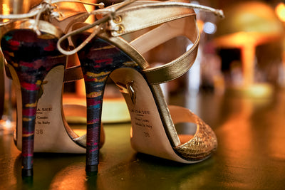 Gold Esmeralda Sandal, hummingbird sole, artwork printed heel, laura see london heels, gold faux snake leather, gold heels, worn by Lesley Paterson, bafta 