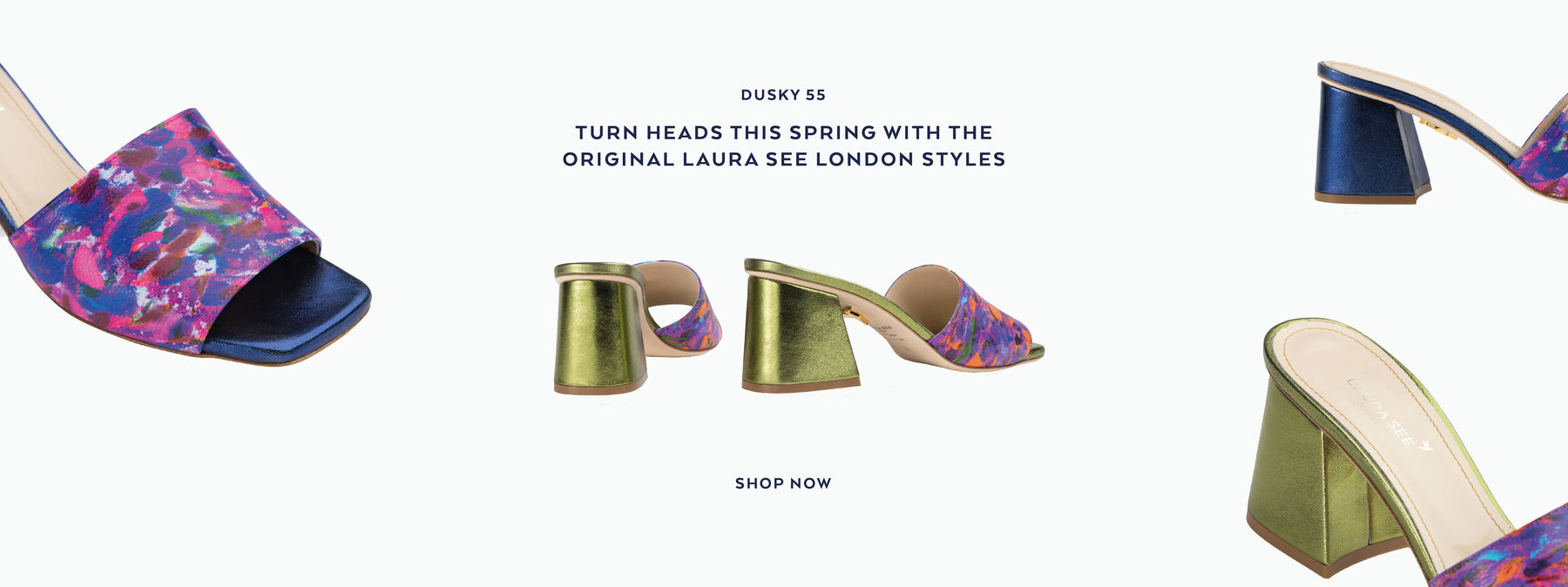 DUSKY MULE IN KHAKI AND BLUE, PRINTED LEATHER, BLOCK HEELS, LAURA SEE LONDON ORIGINALS COLLECTION, PRINT, ARTWORK, DESIGNER MULES, SPRING SUMMER STYLE 