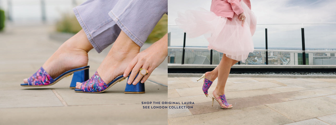 DUSKY Mules, Violet heels, Laura See London collections, british shoe designer, made in italy, artwork, heels, wearing heels on a spring day  